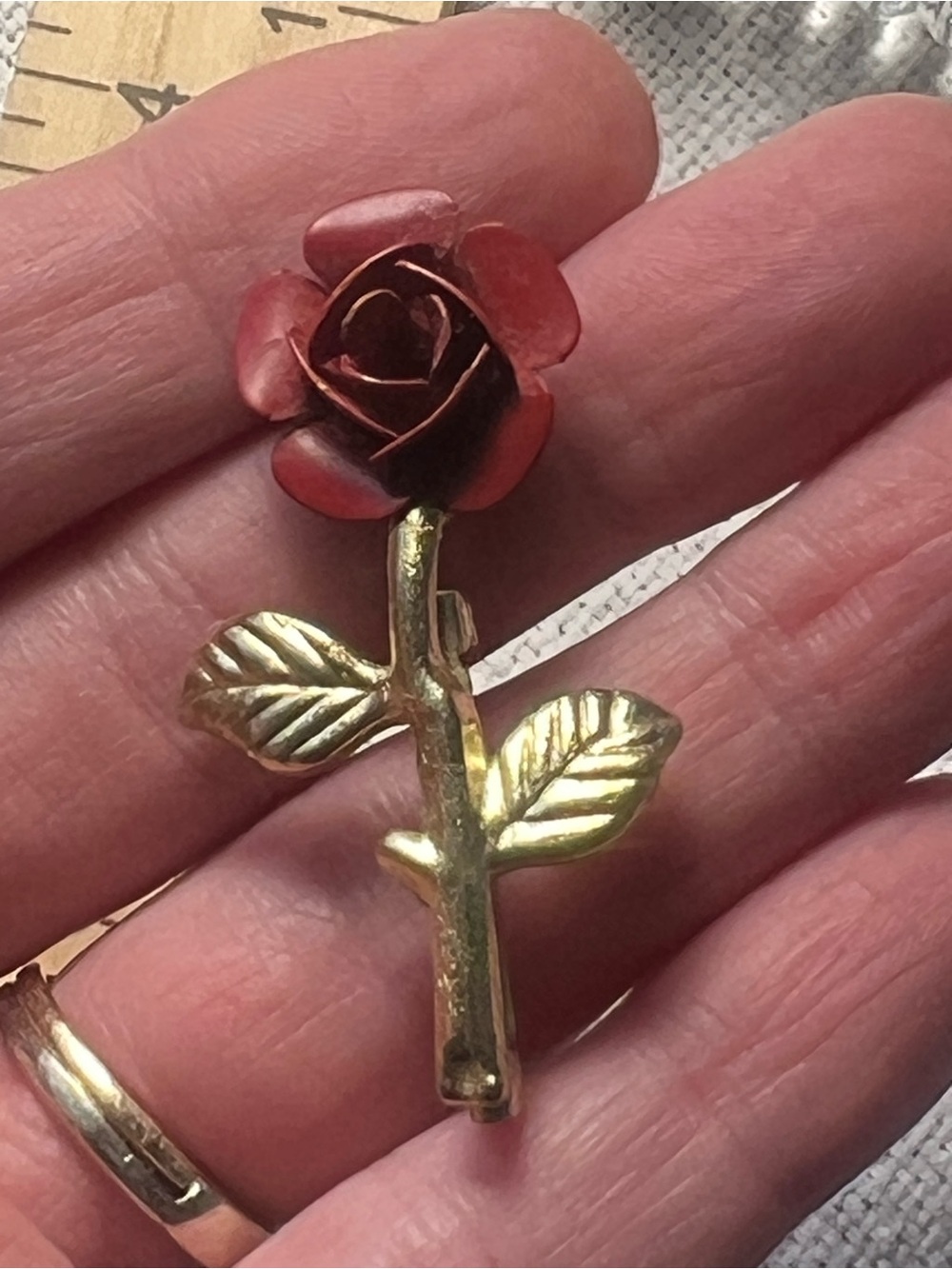 Vintage 1960s Red Rose Gold Tone Floral Brooch Pin Mid Century Romantic